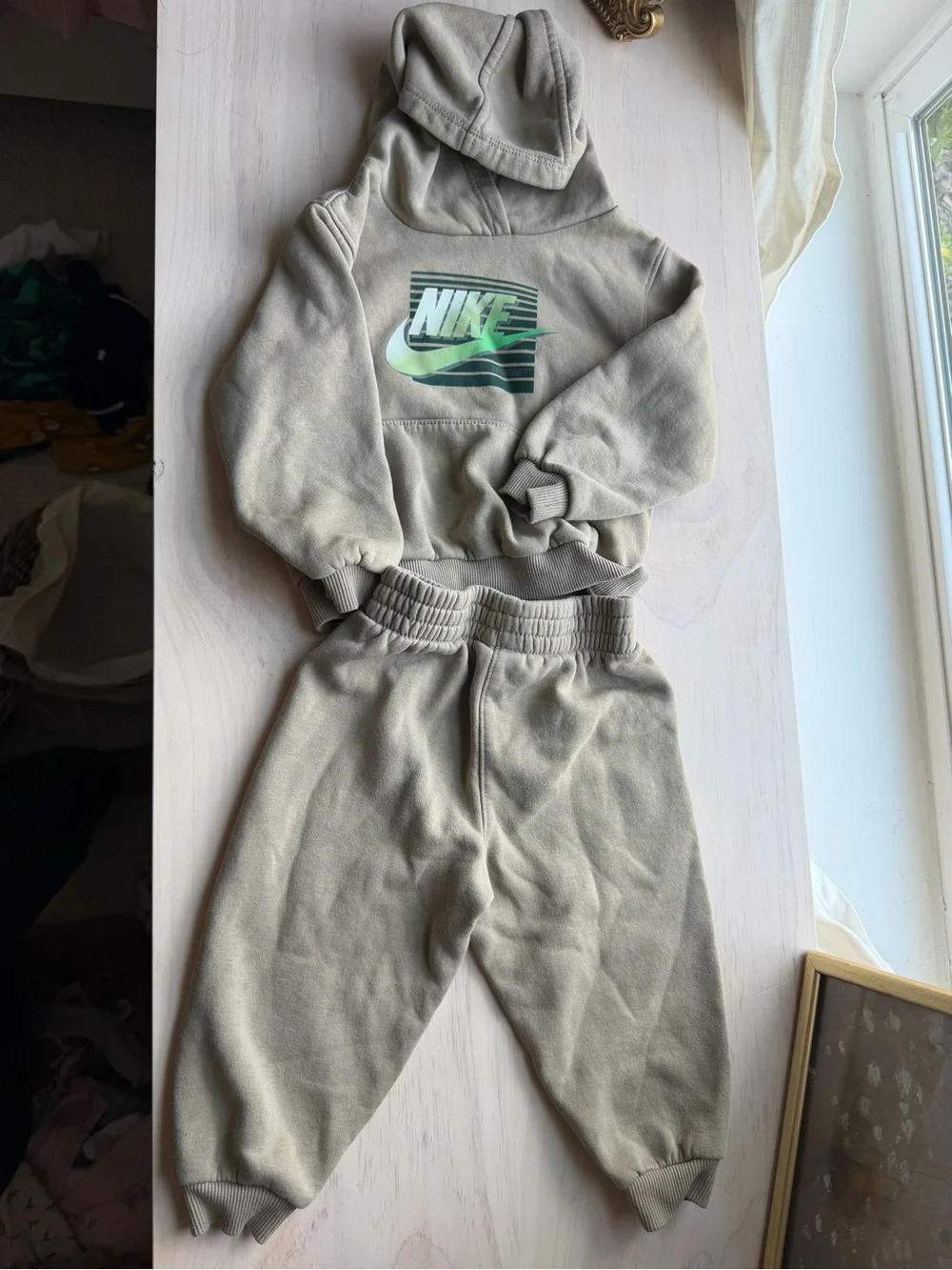 Nike Beige Hoodie and Joggers with Green Logo Accent